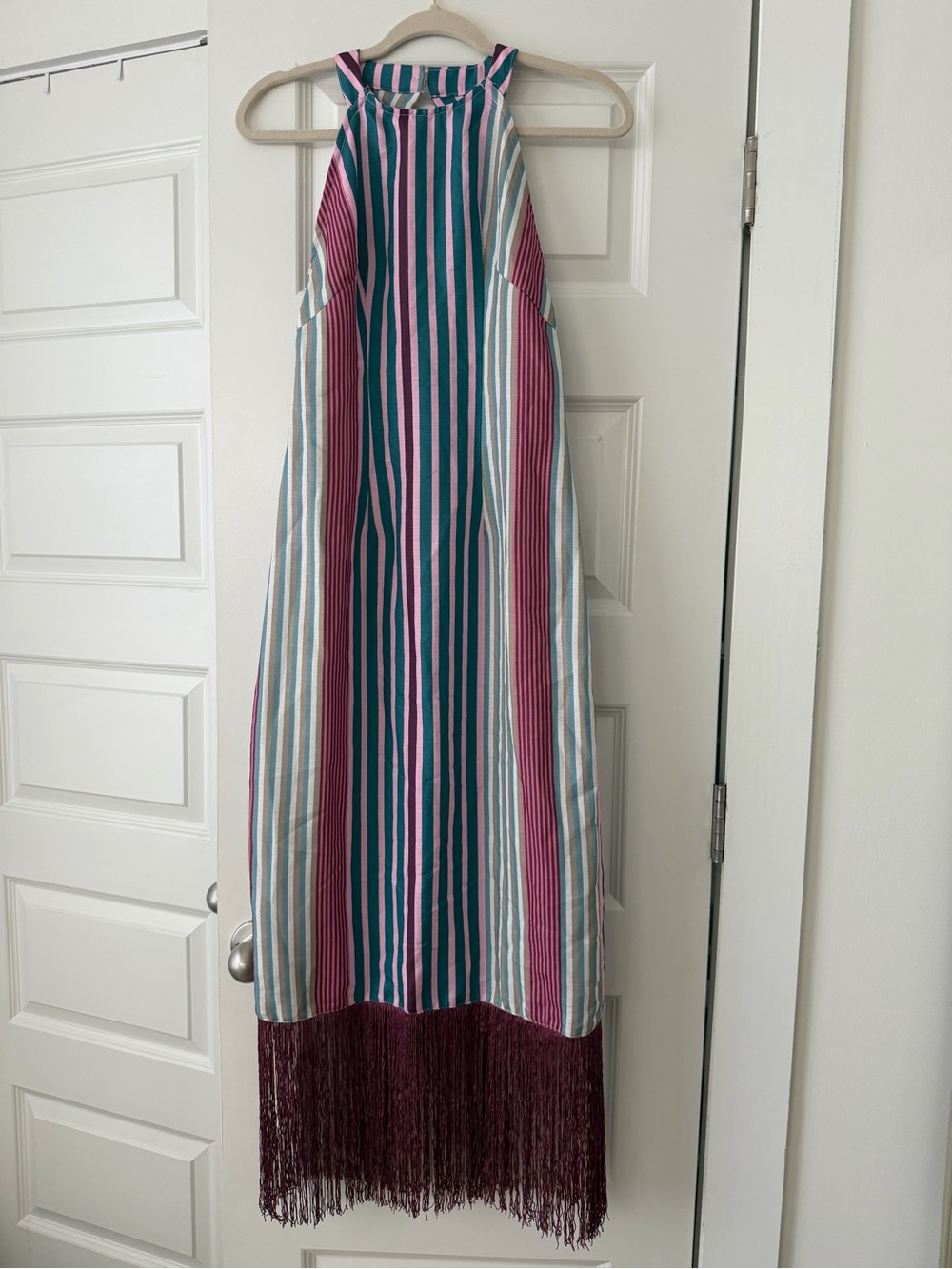 Striped Halter Maxi Dress with Fringe – Teal, Pink & White
